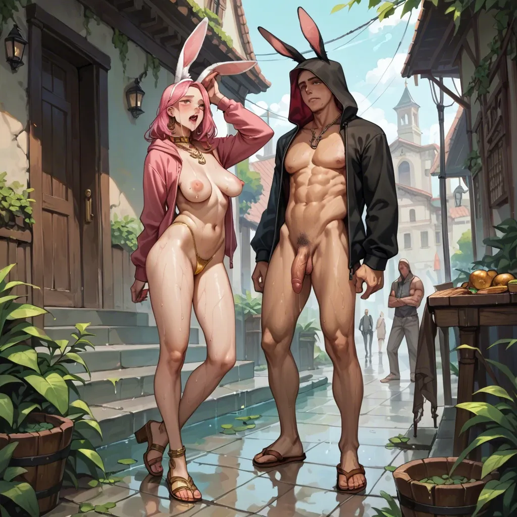 bright eyes,arms behind pink hair, green eye, back,areolae,rabbit ears,anchor necklace, mouth drooling,toes,saggy breasts,wet breasts,standing male, hoodie,striped,gold choker,lace thong,strappy sandals, baroque, blake, spaceship, male on sofa, anime, sunlight, disney princess, dynamic pov