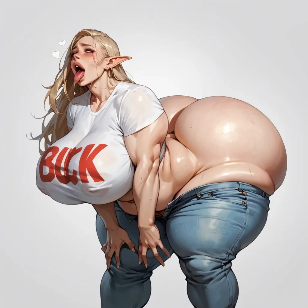 Elf Girl 20 years old , gigantic tits, gigantic ass, gigantic hips, gigantic lips, gigantic Waist, ahegao smile  face,fuck on gigantic dick, jeans, white t-shirt, long blond hair, orgasm face,curvy,bbw