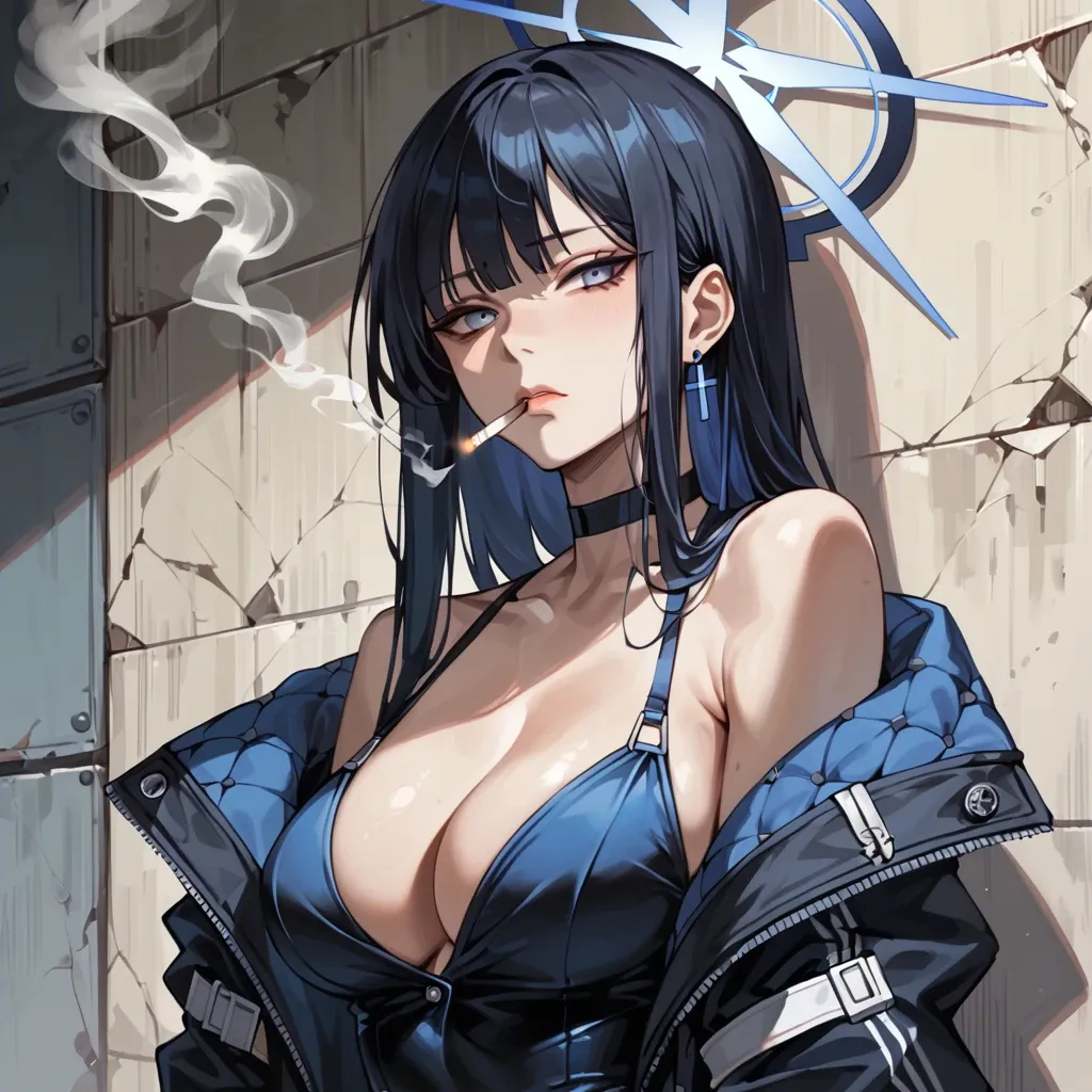 Saori, Blue Archive, leaning against wall, cleavage, expressionless, smoking a cigarette