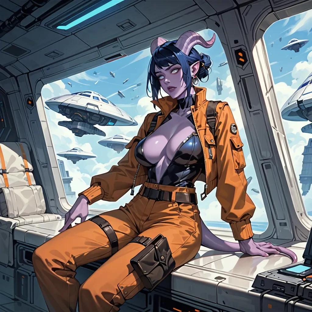 Girl's body is fully clothed - She wears futuristic clothes, jumpsuit, futuristic pilot outfit, bomber jacket, cargo pants, belts. futuristic draenei girl with purple skin, black-blue hair and horns, skinny, big breasts. Spaceship setting, sitting in spaceship chair. armed