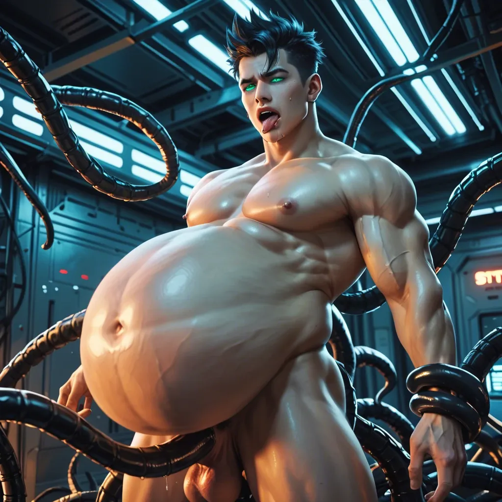 Male, solo, Asian, athletic, black hair, spiky hair, nude, hyper inflation, massive belly, glowing teal eyes, penis, ahegao, sci-fi room, robotic tentacles, machines, tentacle sex