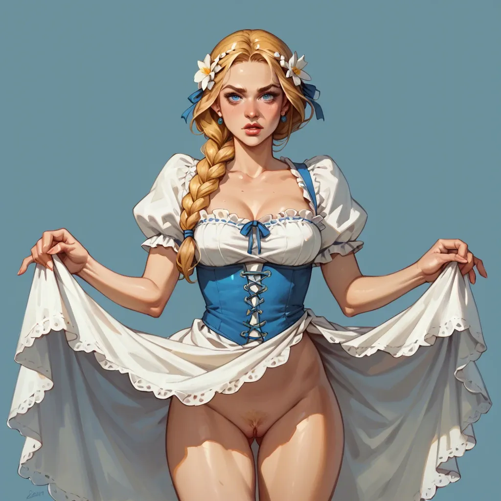 A girl with golden-blonde hair braided elegantly, bright blue eyes, and rosy cheeks, she embodies the charm of traditional German beauty. She's wearing a dirndl, she's sliding up her dress to show her pussy, she's standing at a bakery shop