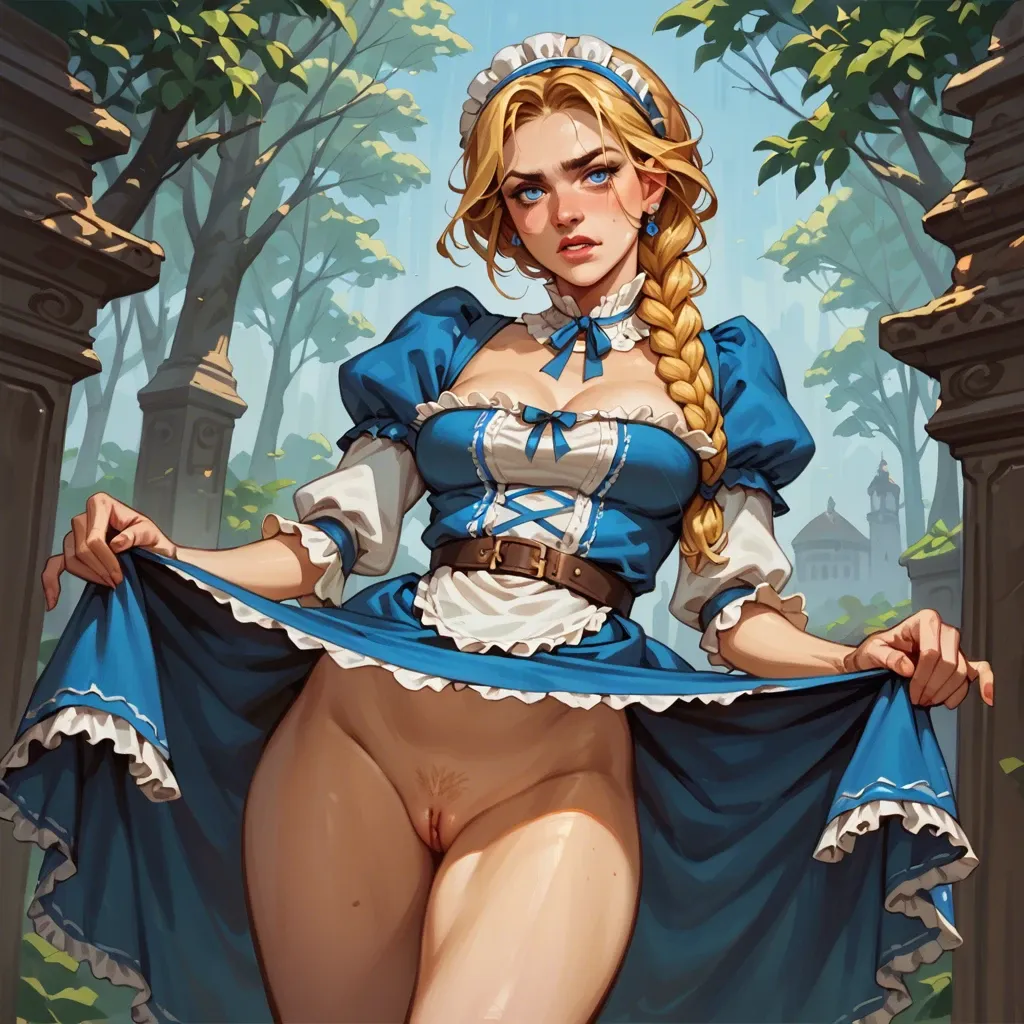 A girl with golden-blonde hair braided elegantly, bright blue eyes, and rosy cheeks, she embodies the charm of traditional German beauty. She's wearing a dirndl, she's sliding up her dress to show her pussy, she's standing, she's at a bakery, she's extremely beautiful