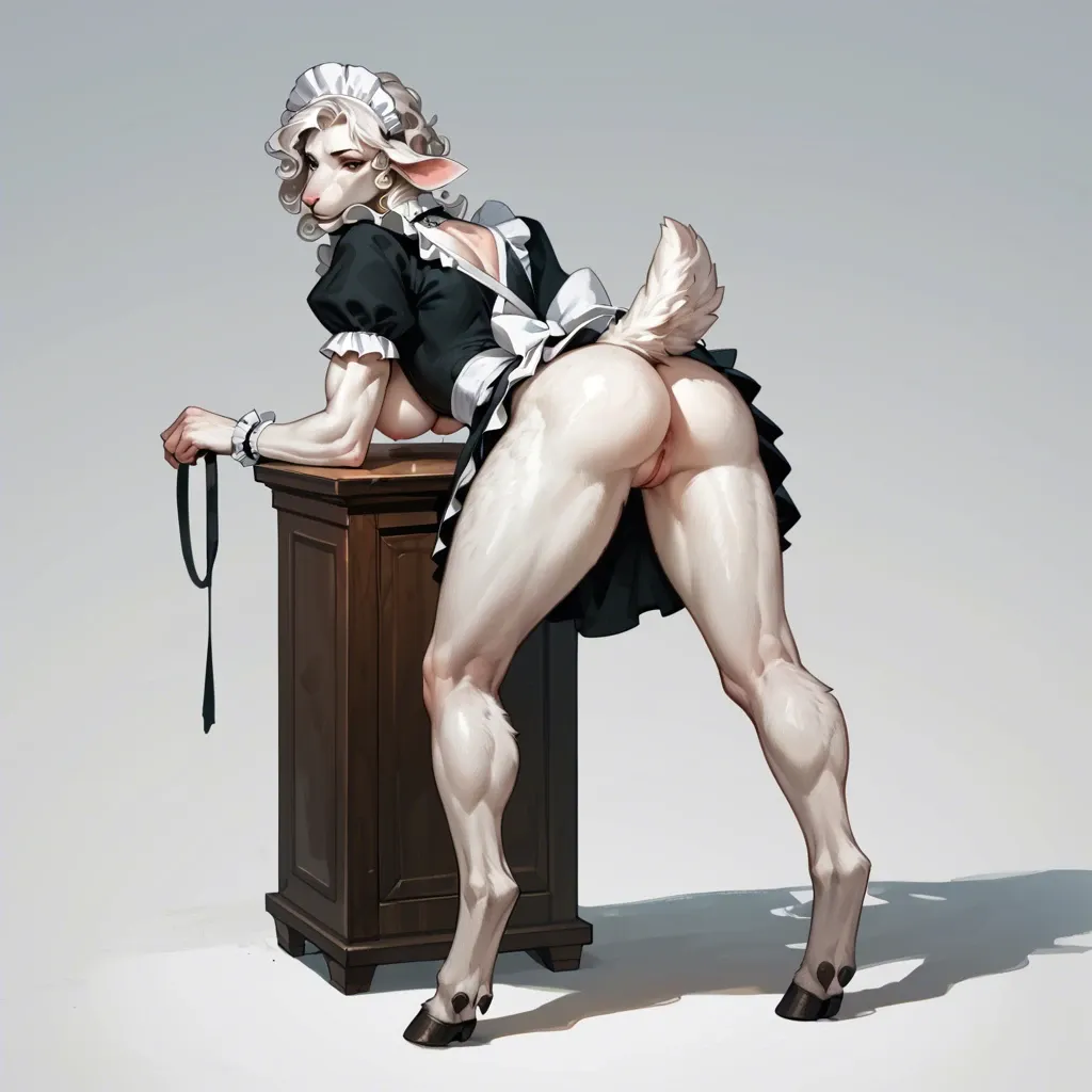 Furry, girl, anthropomorphic sheep, tall ,  abs, big breasts, white fur, hooves, maid clothes, long curly white hair, stands bent over, rear view, pussy visible