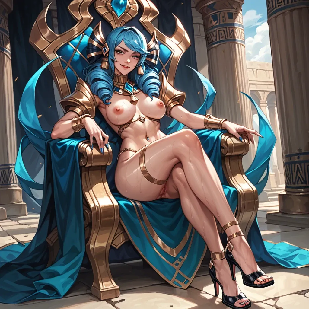 Gwen drill hair league of legends, soft smile,throne, pussy,  gentle smile, high heels, painted toes, toes , seductive eyes, head tilt, Egyptian, anime art style, long legs, thick thighs, sweaty, smirking, navel piercing, athletic, thin waist, foot focus, painted toenails, feet, nude, standing, high heels, knee up, foot fetish, anklet, jewellery,