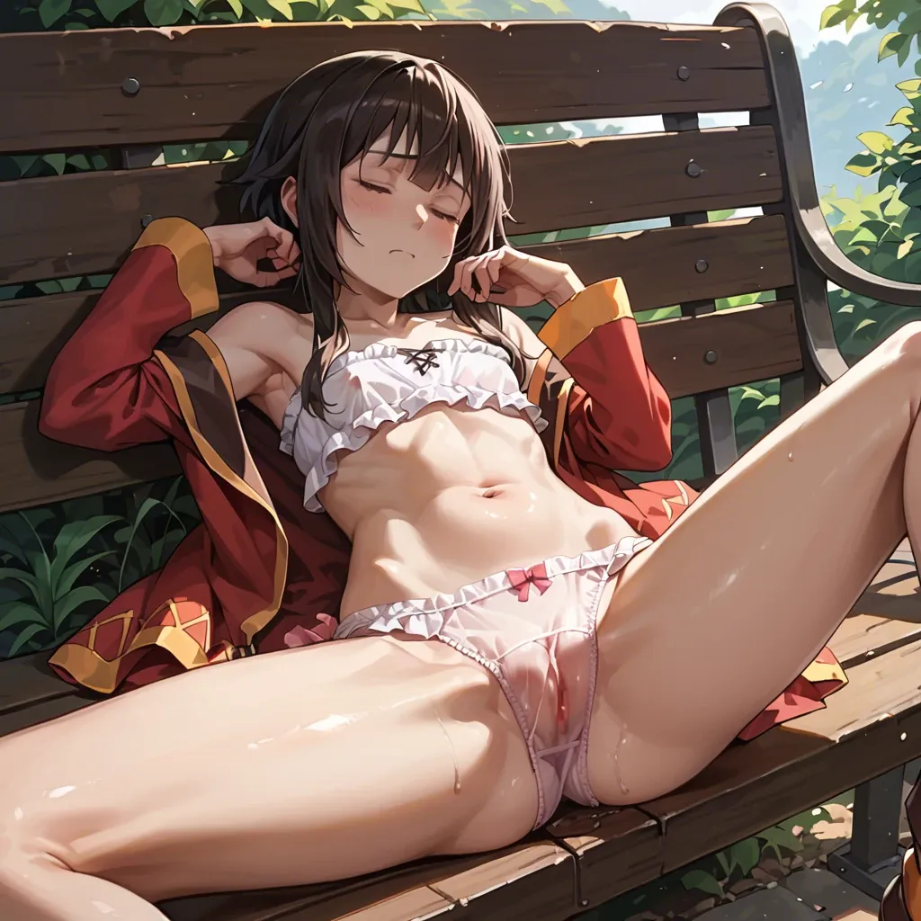 (masterpiece), (best quality), 1girl, flat chest, pink frilly dress, close up, closed eyes, outdoor, bench sitting, sleeping, legs spread legs, pantsu, megumin, transparent panties focus,