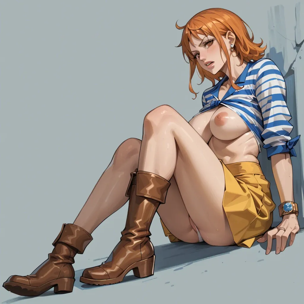 Nami one piece, pre timeskip, bob hair, blue white striped cropped shirt, yellow skirt, white panties, brown boots, jerk off old japanese man