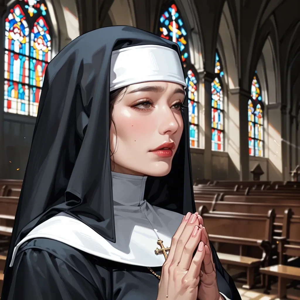 Asian Fuckdoll, confessional, sexy  nun black costume praying, church