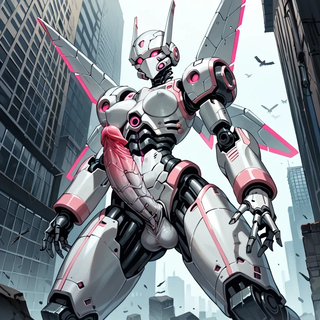 Giant robot, futanari, robotic wings, robotic bird legs, skinny, skeletal, armored body, armored face, silver metal skin, glowing pink eyes, glowing pink penis, post-apocalyptic city, from below