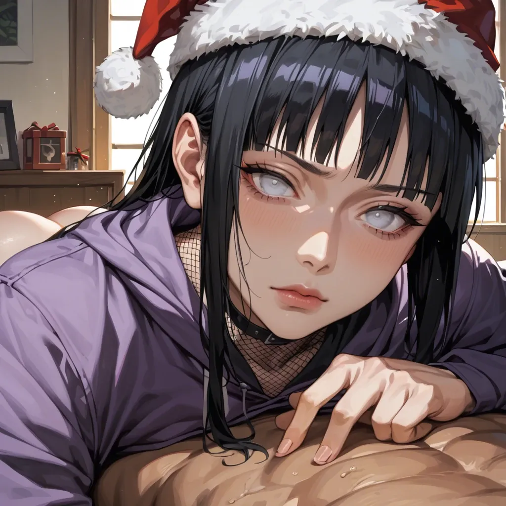 Hinata Hyuga (Naruto), hidden leaf heandband on neck, white eyes, black leggings, purple hoodie, straight long black hair, seductive eyes, bedroom, fishnet top, cowgirl, close-up, christmas hat, deep eyes, laying on chest, POV, medium breasts, drooling, detailed tongue, blushing