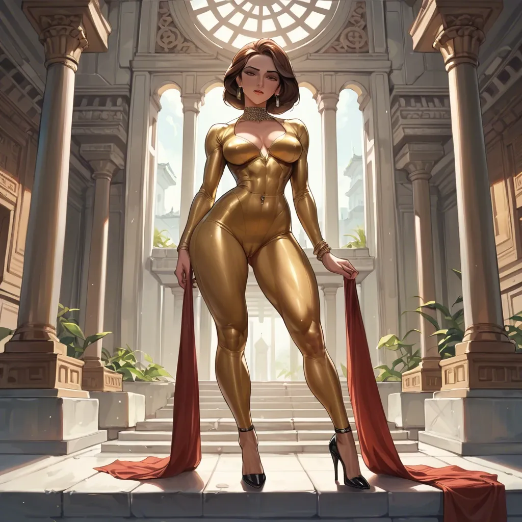 big hero, aunt cass, high heels,seductive eyes,knee,long legs,thick thighs,foot,toe,ankle,navel piercing,thin waist, thick,athletic, antique temple, goddess suit