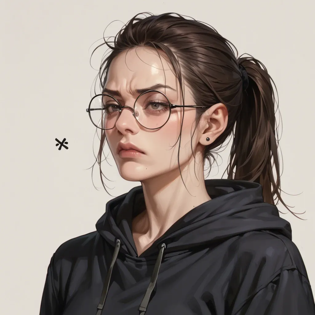 hyperrealistic, black hoodie, petite girl, clothed, ponytail, round eyeglasses, annoyed