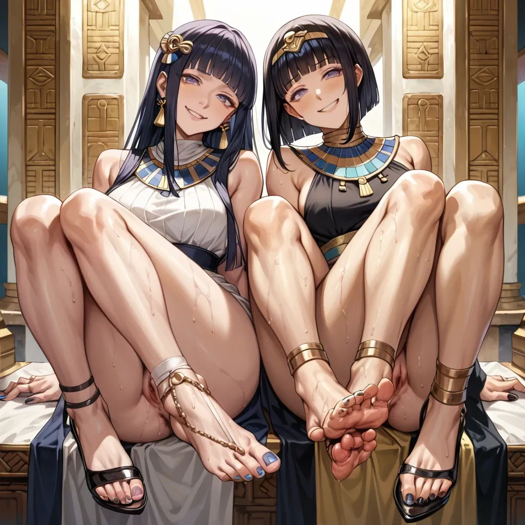 2girls,,hinata hyuuga, chichi,  Pussy, foot raised high heels painted nails close up feet  soft smile, gentle smile, seductive eyes, head tilt, Egyptian, anime art style, long legs, thick thighs, sweaty, smirking, navel piercing, athletic, thin waist, foot focus, painted toenails, feet, nude, standing, high heels, knee up, foot fetish, anklet, jewellery,