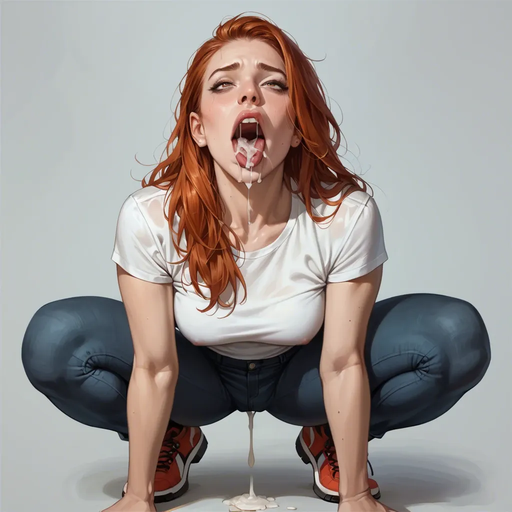 ultra realistic redhead, eyes crossed ahegao, fully clothed, squatting, cum dripping out of mouth