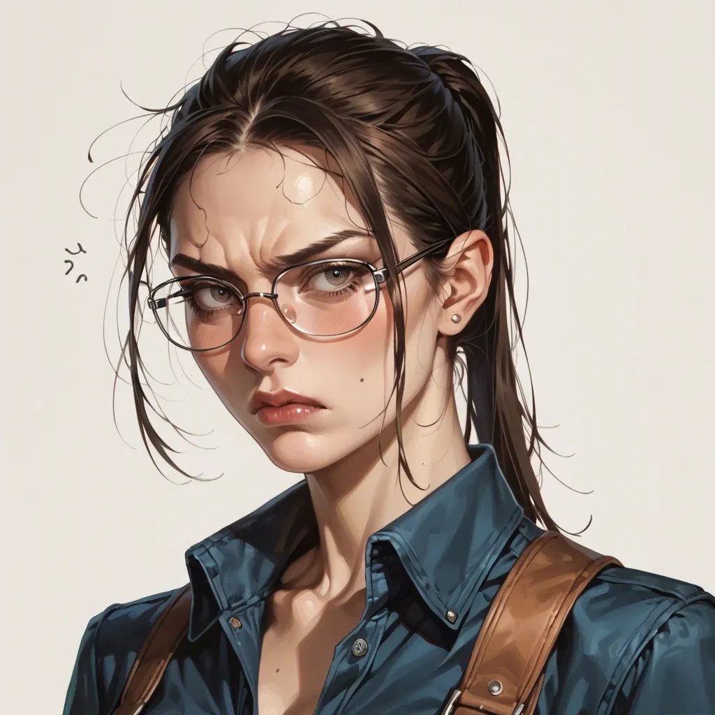 hyperrealistic, cowgirl, petite girl, clothed, ponytail, eyeglasses, annoyed