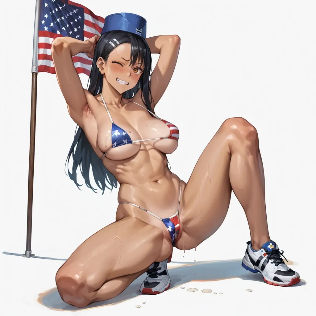 (( hayase Nagatoro)) With a micro bikini printed with the US flag and a charro hat, winking flirtatiously big breasts , full body