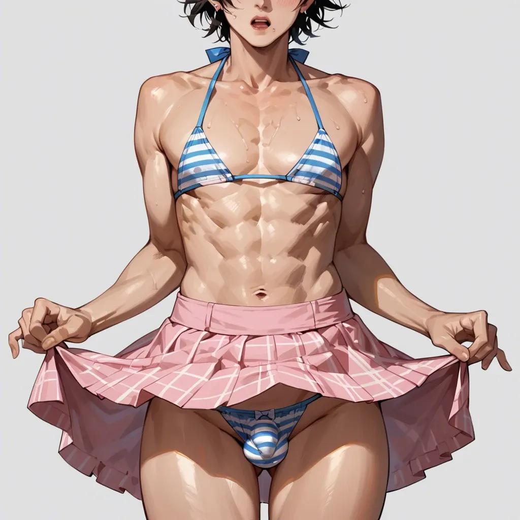 a crossdressing feminime boy lifting his skirt to show his bulge in a firly bikini