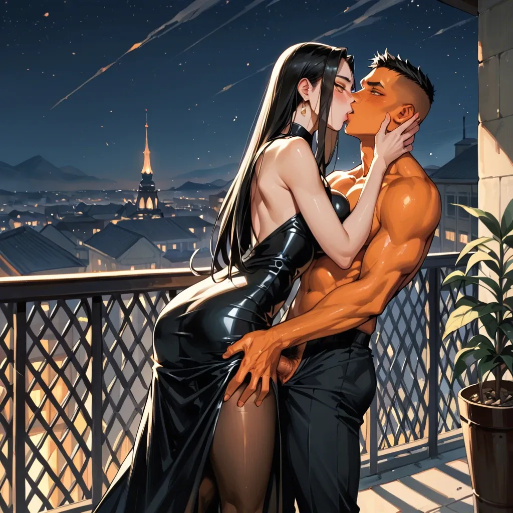 1girl, orange skin, long silky black hair, orange eyes, black snakeskin dress, tight dress, black snakeskin tights, kissing a man, dick in vagina, creampie, balcony, night