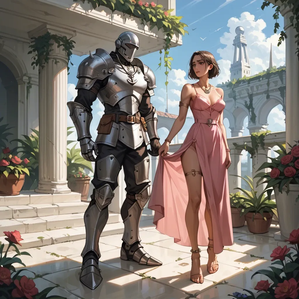 1girl,1boy, , , , strong jawline,armlet,huge boobs,slim waist,anchor necklace, pink dress,anklets,suspender belt,sexy lingerie,armored boots, bare shoulder, in a garden, spaceship, uncomfortable, phone pov, western cartoon, dark blue eyes, zelda, moana, ariel waifu