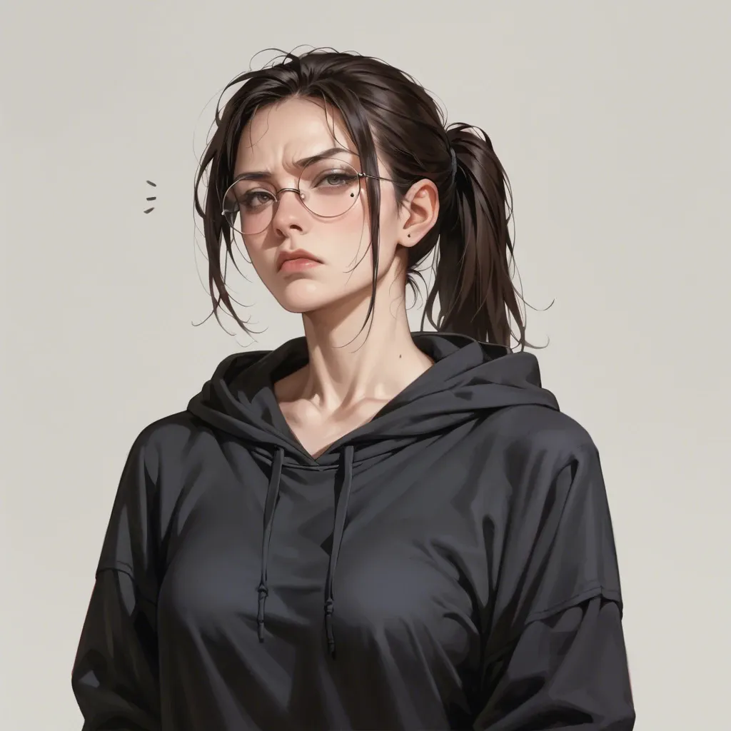 hyperrealistic, black hoodie, petite girl, clothed, ponytail, round eyeglasses, annoyed