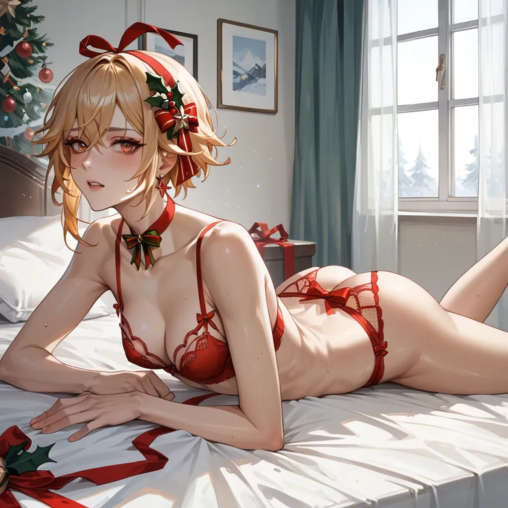 Bedroom, xilonen genshin impact, petite, skinny, Xmas lingerie, lay on stomach