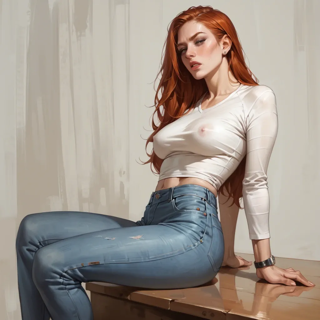 ultra realistic redhead, eyes crossed, fully clothed, wearing jeans, sucking balls