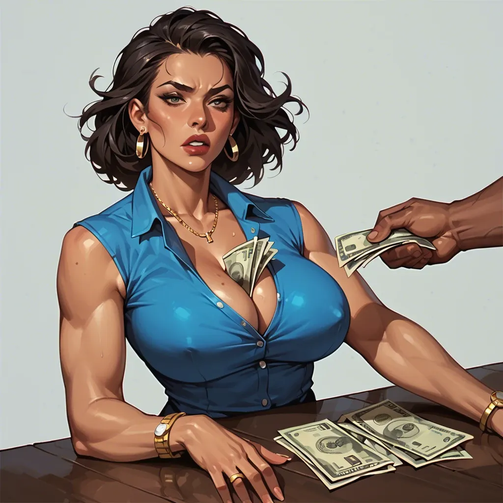 Money in her chest,wife,classic American woman,blue shirt,big breasts deep cleavage