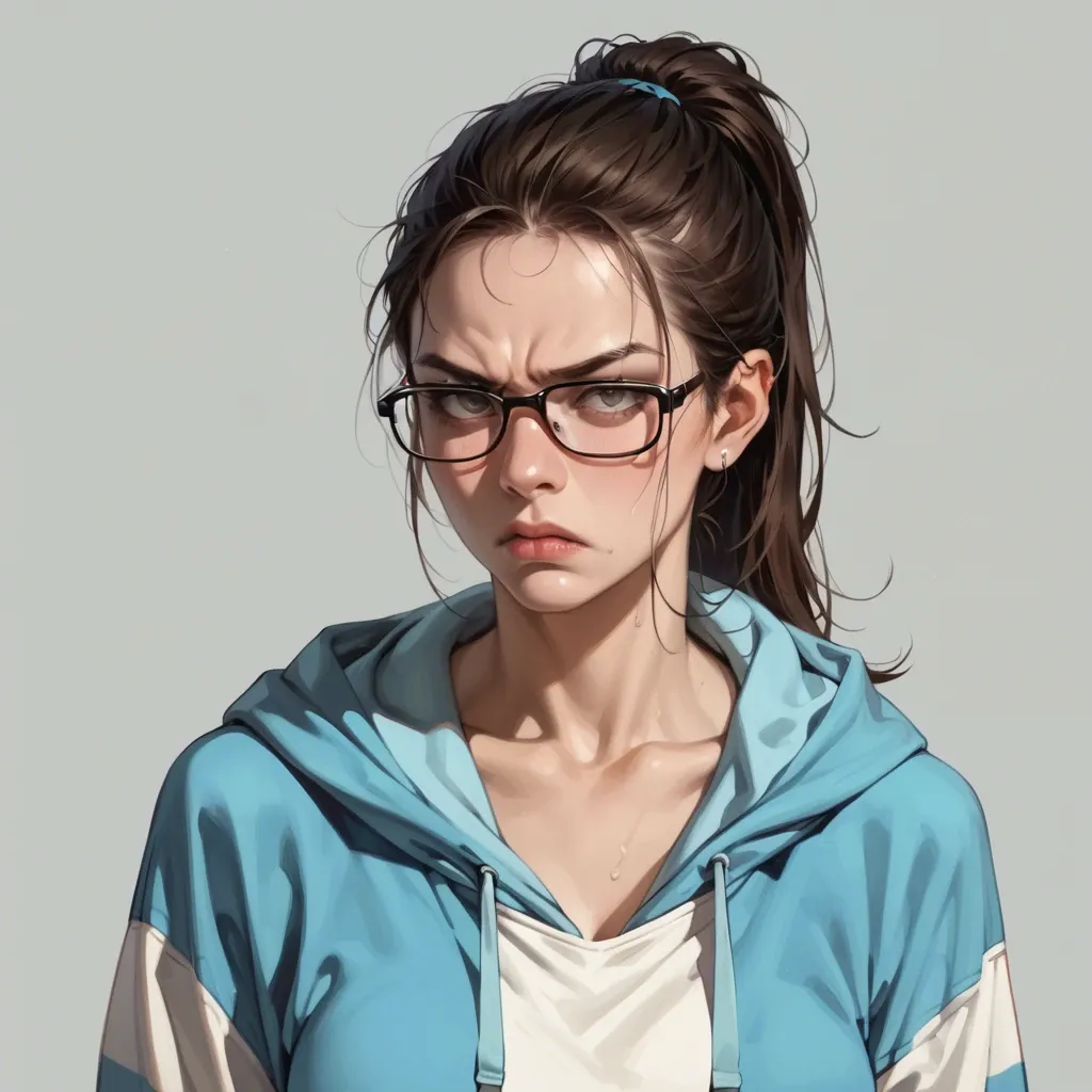 hyperrealistic, hoodie, petite girl, clothed, ponytail, eyeglasses, annoyed