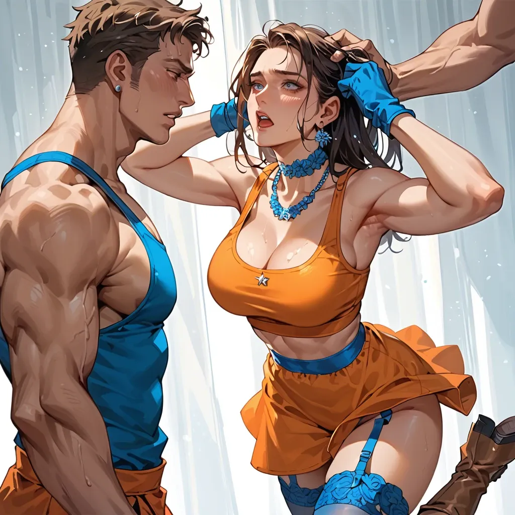 1girl,1boy, , , , mouth taped,hands in hair,deep cleavage,clenched waist,tank top, glittery dress,stockings,shaped jewelry,sports bra,boots, orange sundress,garter belt,blue gloves,blue panties,gothic boots, showering, city, cyberpunk, unleashed, zelda, boa Hancock waifu