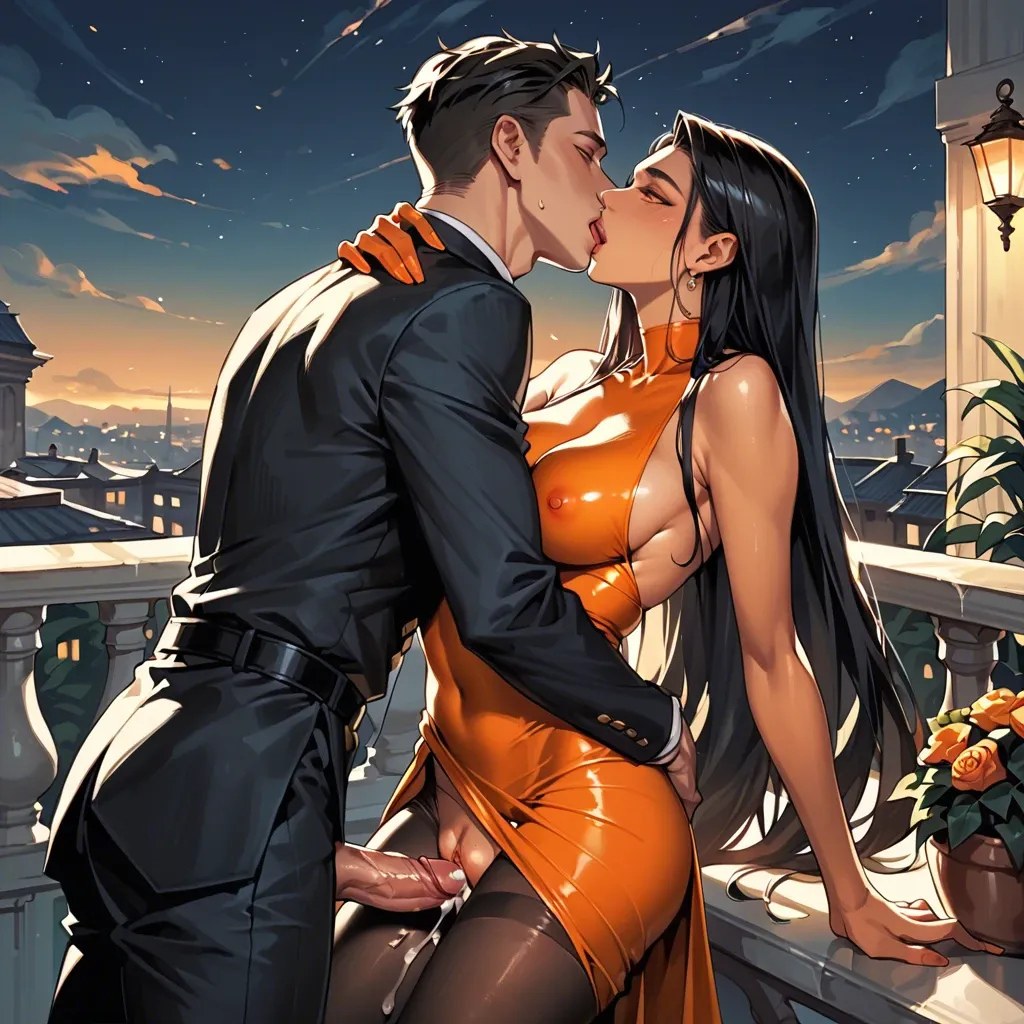 1girl, orange skin, long silky black hair, orange eyes, black snakeskin dress, tight dress, black snakeskin tights, kissing a man, dick in vagina, creampie, balcony, night