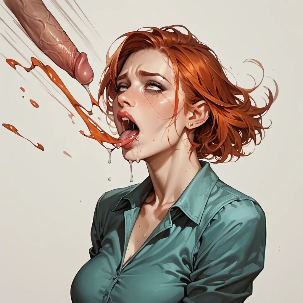 ultra realistic redhead, eyes crossed ahegao, fully clothed,  drooling