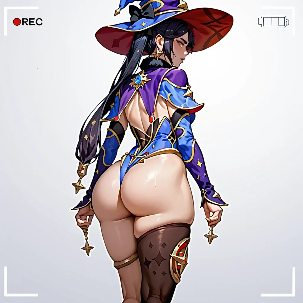 Mona from genshin impact, in her costume, person stand, camera look at big fat ass which was cumming from bottom to top