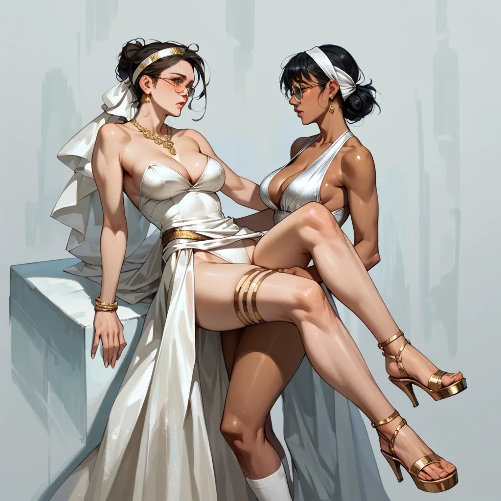 2girl, , , , high nose,thigh gap,cleavage,leg grab,bare shoulders, silk gown,knee socks,headband,white leotard,strappy sandals, undress,gold anklets,circle glasses,tight swimsuit,high heels, school bathroom, medieval tavern, zelda, waifu