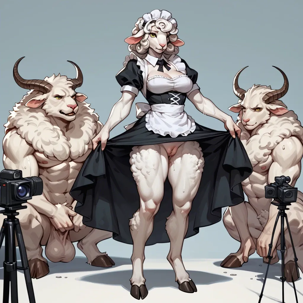 Furry, girl, anthropomorphic sheep, tall, broad shoulders, abs, large pile, white fur, hooves, stands, maid's clothes, long curly white hair, wet pussy, Multiple camera angles