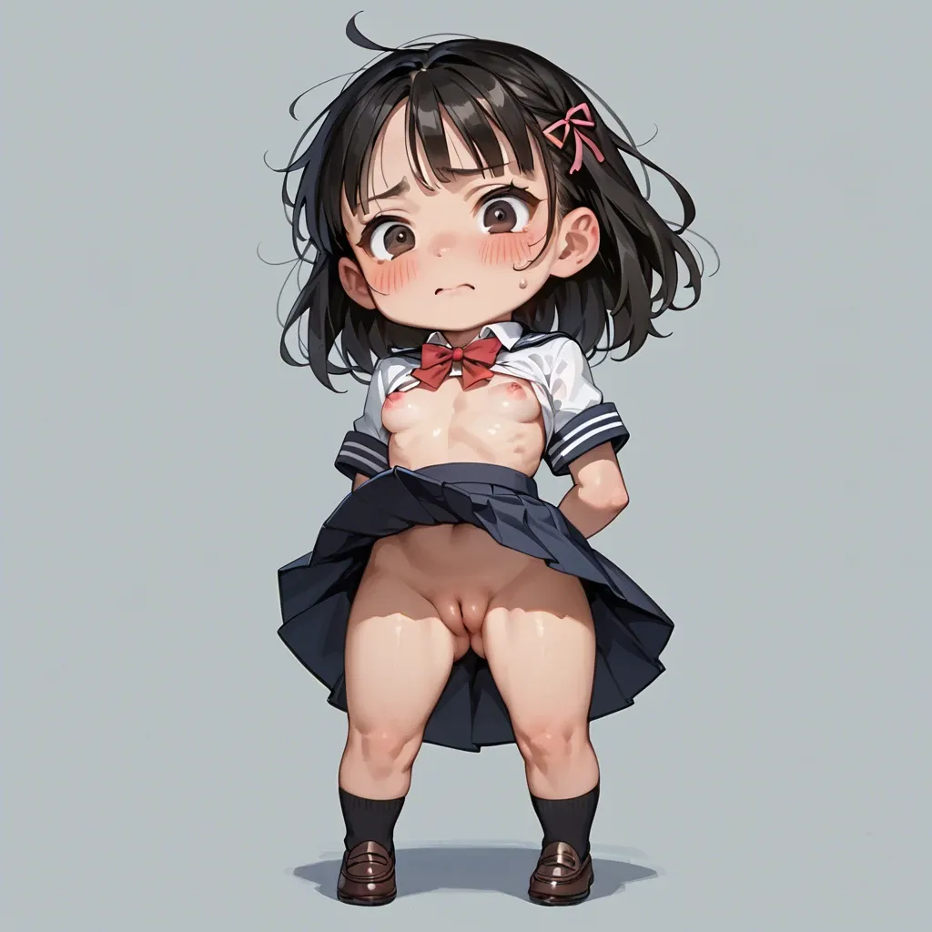 chibi, cute, school uniform, upskirt, asian, black hair, innie pussy, puffy pussy, school background, embarrassed, exposed breasts, flat chest