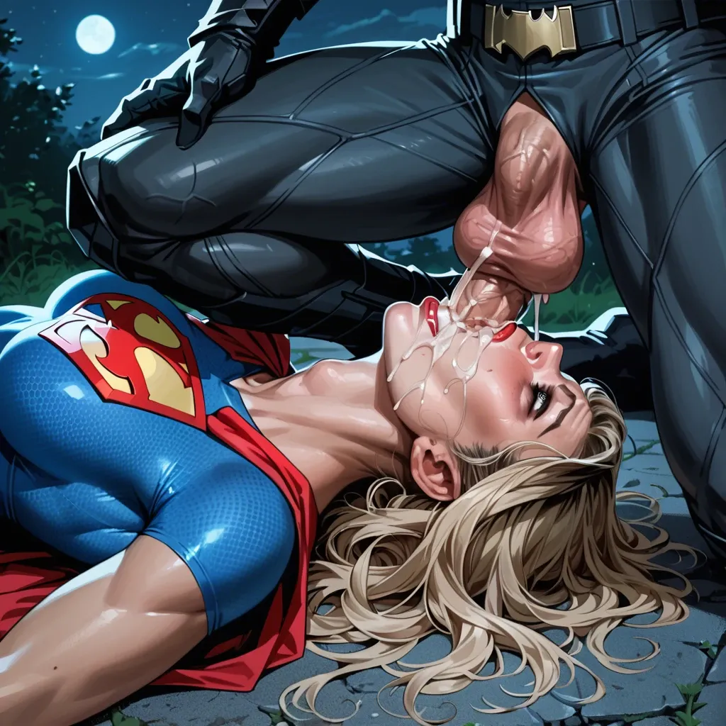 Supergirl lying on ground,night,alle,batman kneeling,reverse deepthroat,cum dripping,huge balls