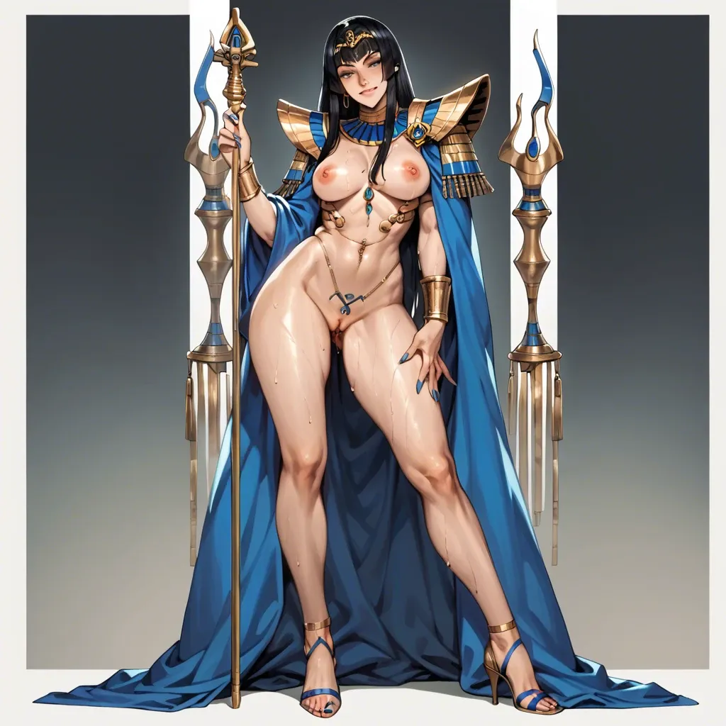 Satsuki kiryuin, high heels, soft smile, gentle smile, seductive eyes, polished nails standing fetish one foot raised pussy, head tilt, Egyptian, anime art style, long legs, thick thighs, sweaty, smirking, navel piercing, athletic, thin waist, foot focus, painted toenails, feet, nude, standing, high heels, knee up, foot fetish, anklet, jewellery,