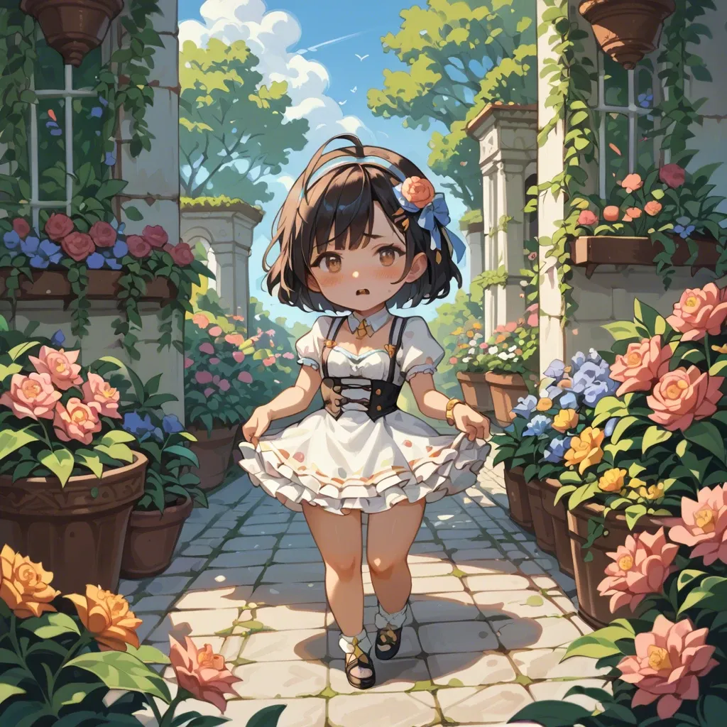 Sara, chibi, petite, fully dressed, candy expression, standing, garden with flowers