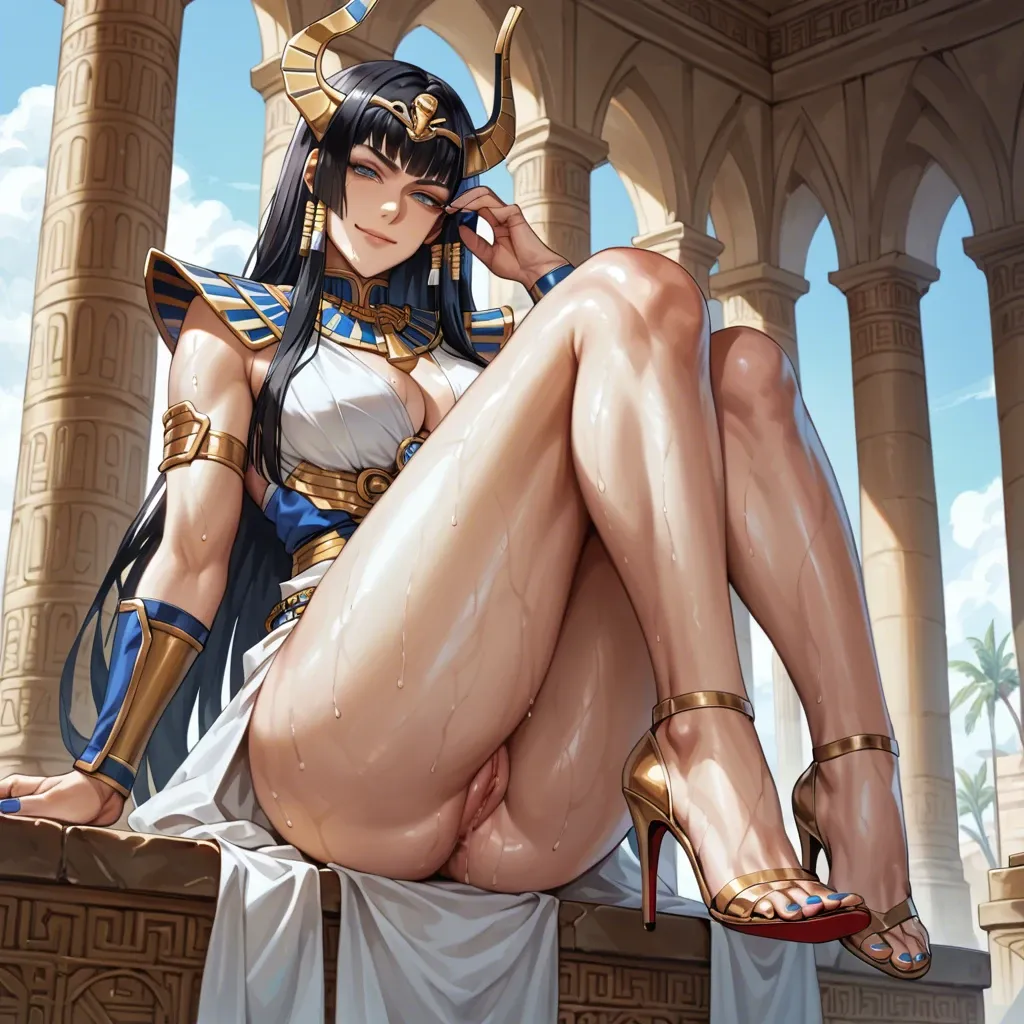 Satsuki kiryuin, high heels, foot on face  stepping on face soft smile, gentle smile, seductive eyes, polished nails standing fetish one foot raised pussy, head tilt, Egyptian, anime art style, long legs, thick thighs, sweaty, smirking, navel piercing, athletic, thin waist, foot focus, painted toenails, feet, nude, standing, high heels, knee up, foot fetish, anklet, jewellery,