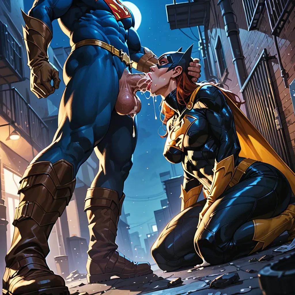 Comics,detailed,night,alley,superman kneeling,batgirl lying on ground,reverse deepthroat,cum dripping,huge balls,throat bulge,low angle