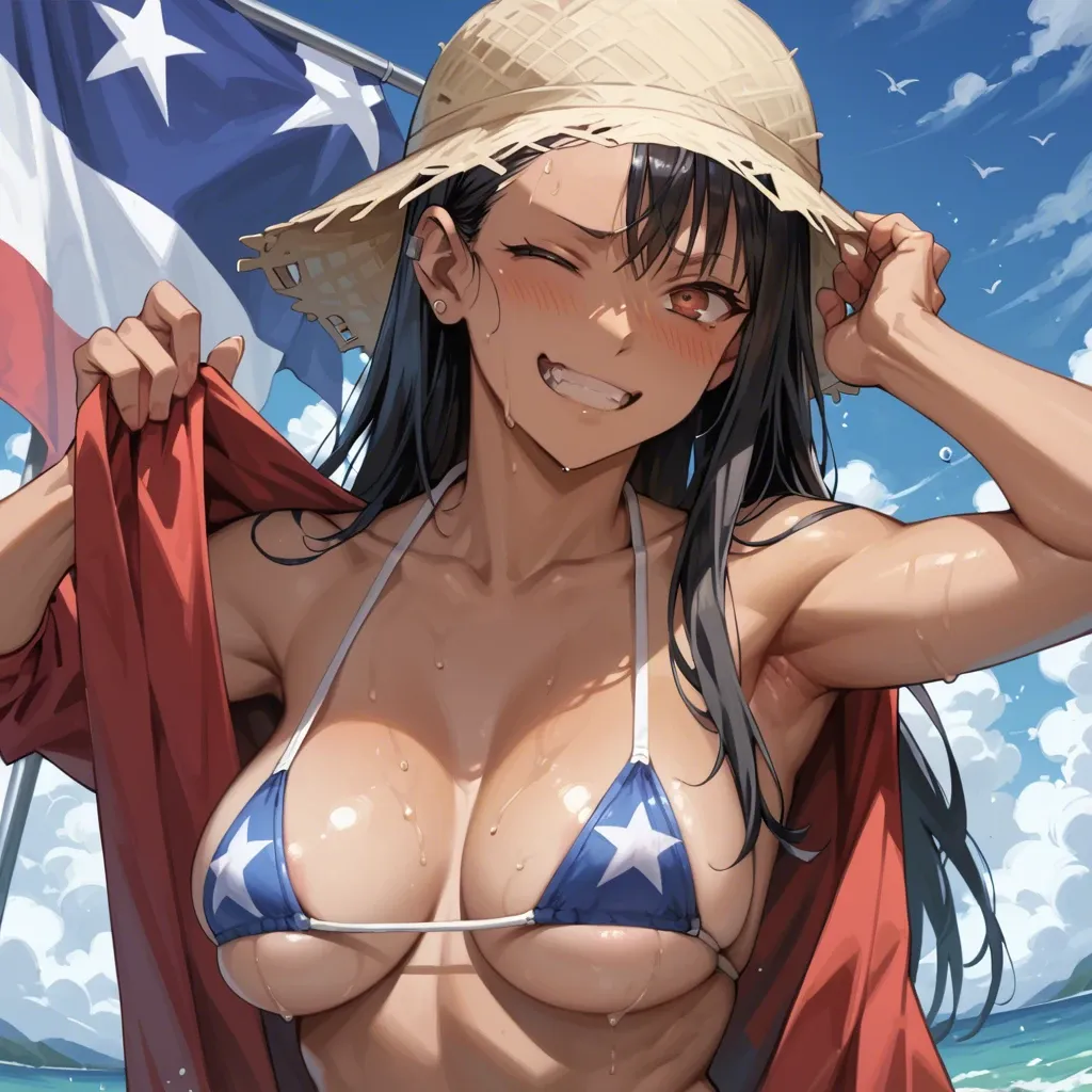 (( hayase Nagatoro)) With a micro bikini printed with the US flag and a charro hat, winking flirtatiously big breasts