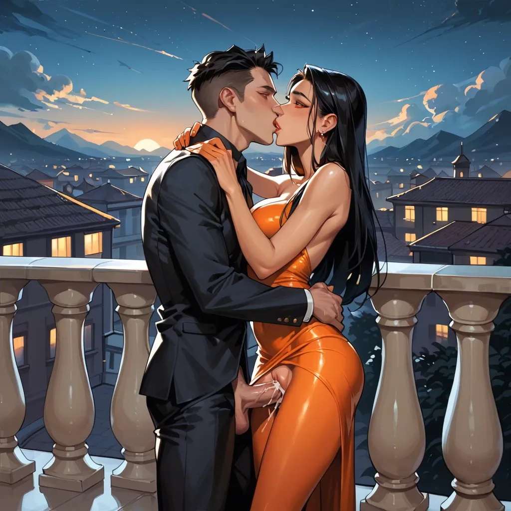 1girl, orange skin, long silky black hair, orange eyes, black snakeskin dress, tight dress, black snakeskin tights, man kissing her, man's dick in vagina, creampie, balcony, night