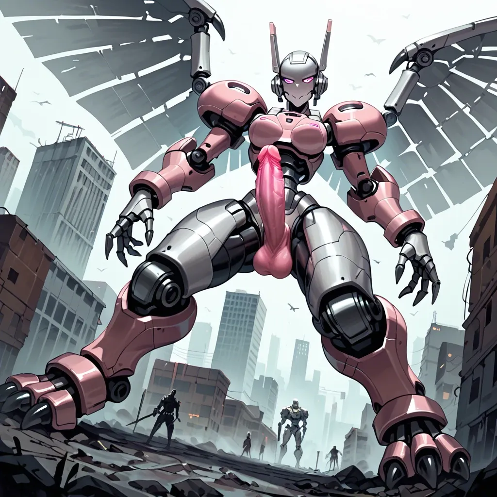 Giant robot, futanari, robotic wings, robotic digitigrade legs, skinny, skeletal, armored body, armored face, silver metal skin, glowing pink eyes, glowing pink penis, post-apocalyptic city, from below