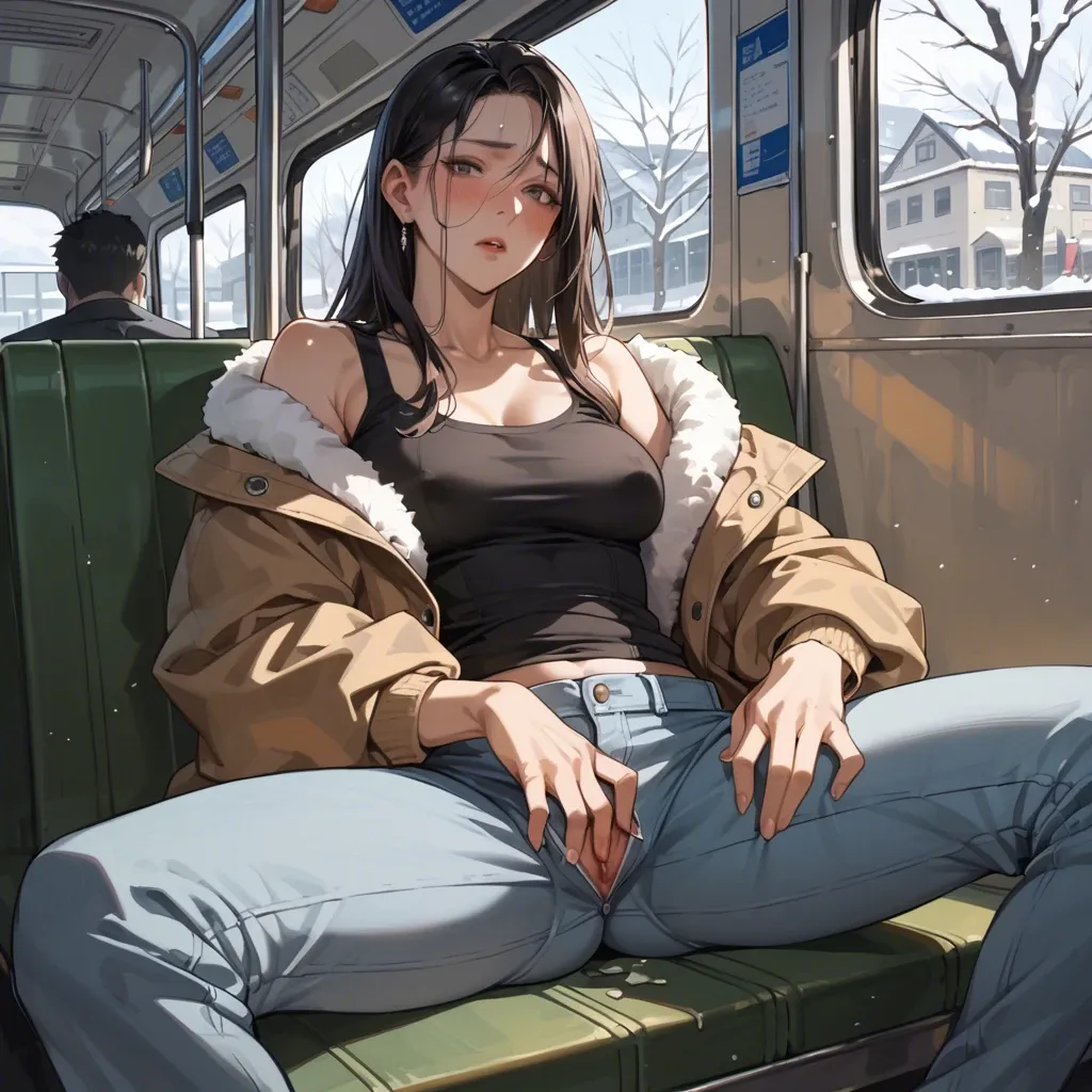 Sitting, spread legs,  bus, slip, blush, winter, pants, ecchi