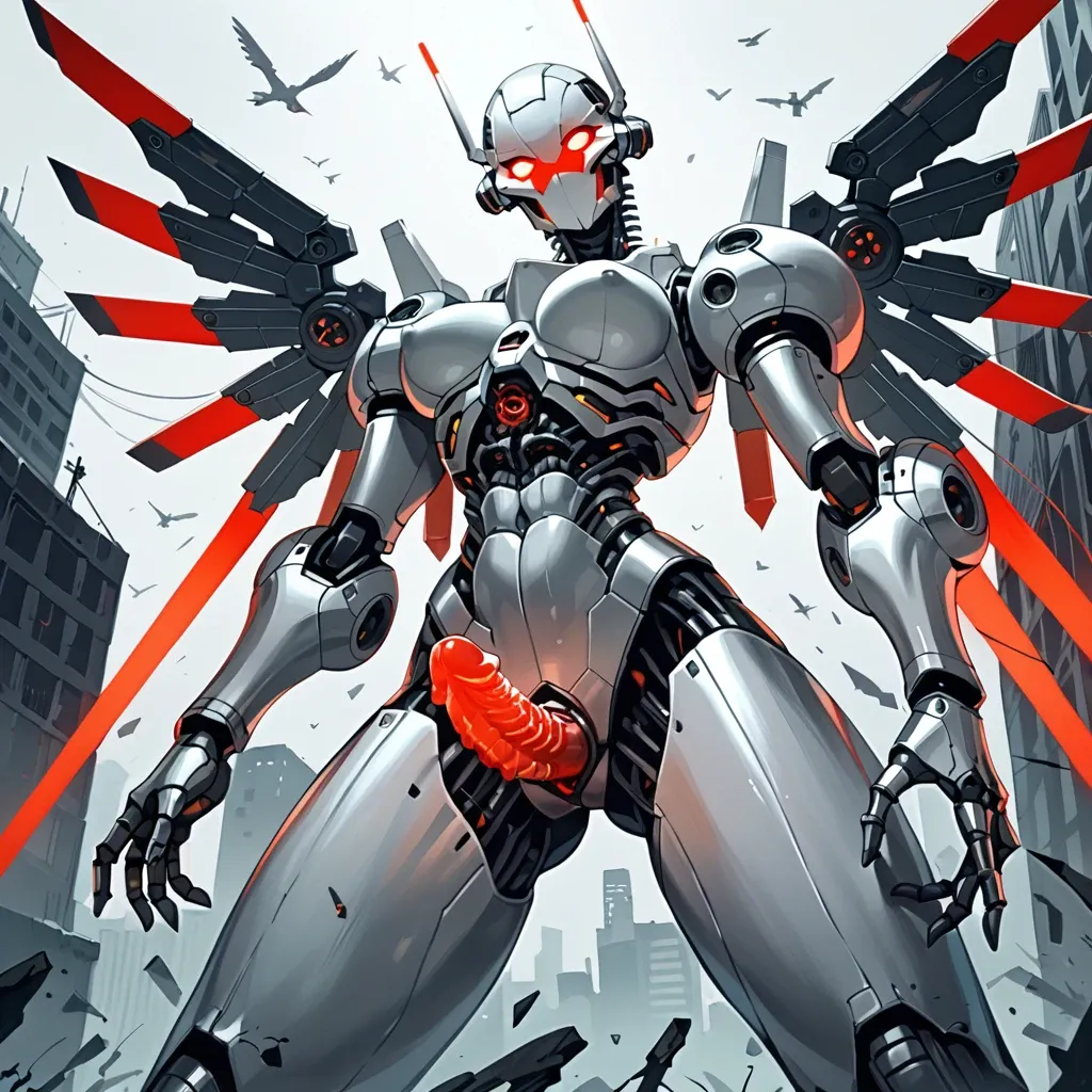 Giant robot, futanari, robotic wings, robotic bird legs, skinny, skeletal, armored body, armored face, silver metal skin, glowing red eyes, glowing red penis, post-apocalyptic city, from below