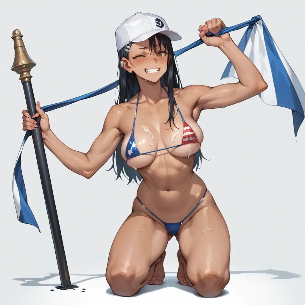 (( hayase Nagatoro)) With a micro bikini printed with the US flag and a charro hat, winking flirtatiously big breasts , full body