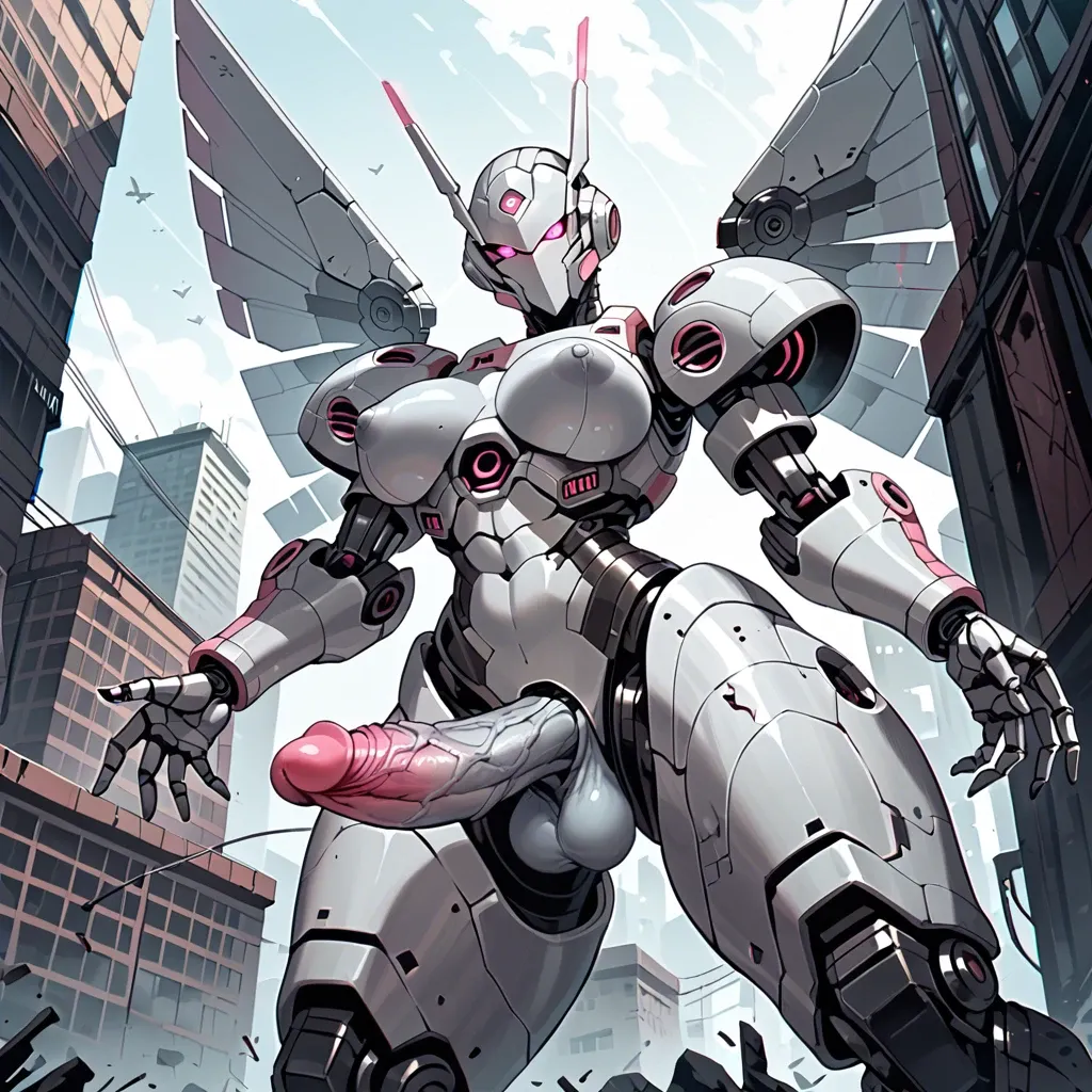 Giant robot, futanari, robotic wings, robotic bird legs, armored body, armored face, silver metal skin, glowing pink eyes, glowing pink penis, post-apocalyptic city, from below