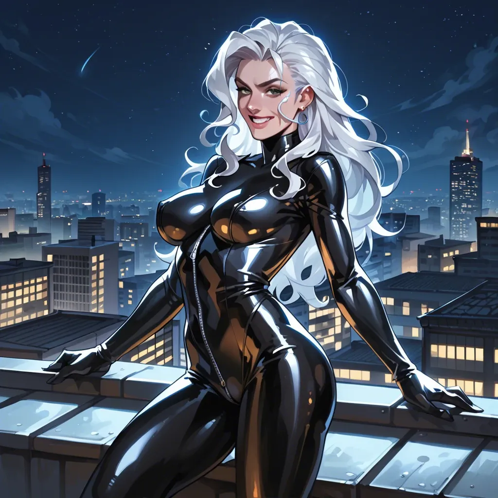 Felicia hardy,night,city roof,smiling,tight latex outfit