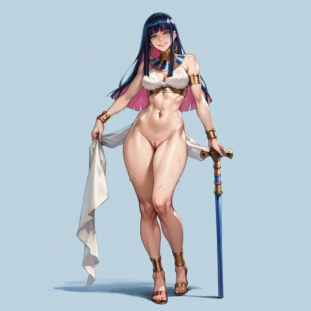 Pussy, Standing, Anarchy party and stocking, two tone hair pink under hair , soft smile, gentle smile, seductive eyes, head tilt, Egyptian, anime art style, long legs, thick thighs, sweaty, smirking, navel piercing, athletic, thin waist, foot focus, painted toenails, feet, nude, standing, high heels, knee up, foot fetish, anklet, jewellery,