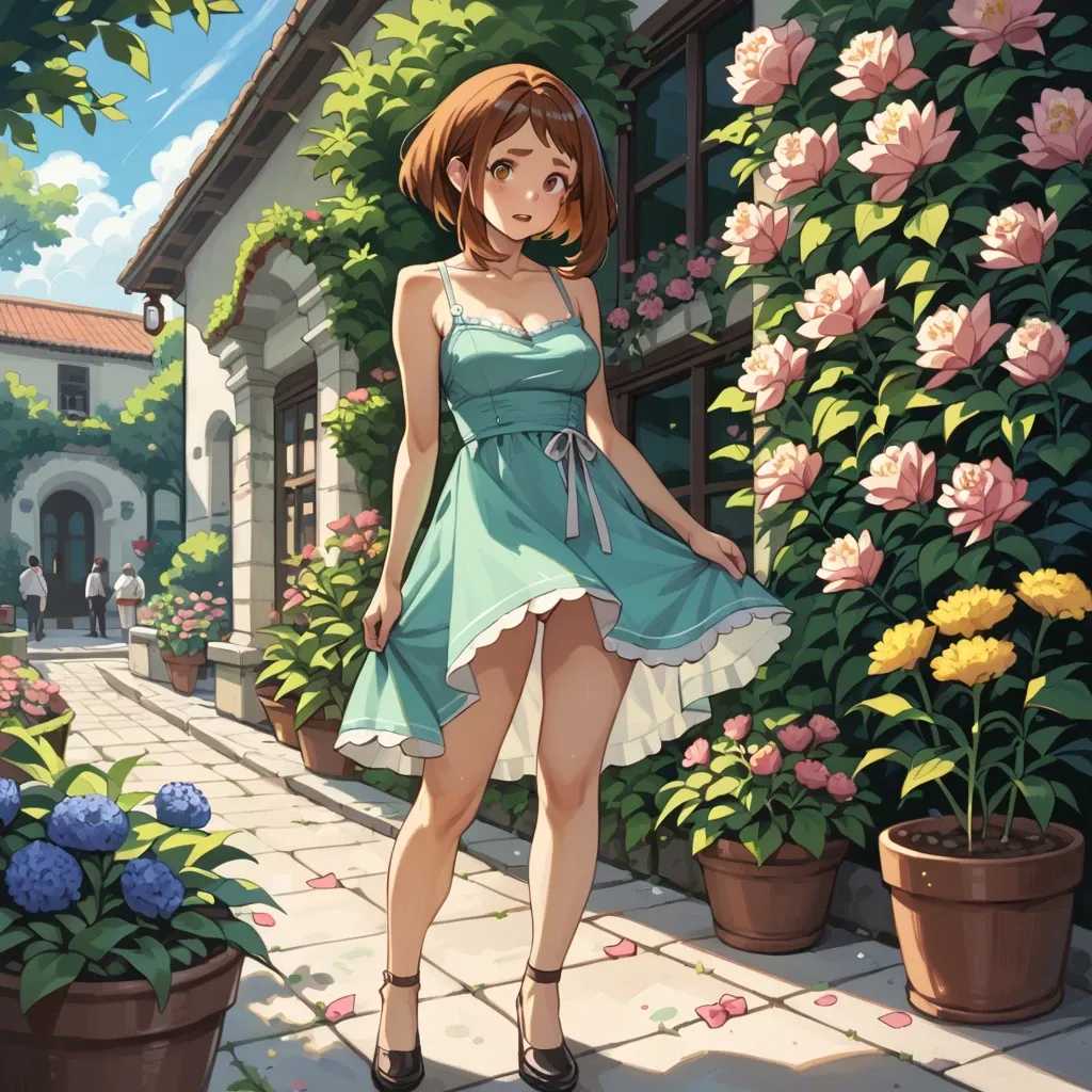 Ochako Uraraka, chibi, petite, fully dressed, dress and panty, candy expression, standing, garden with flowers